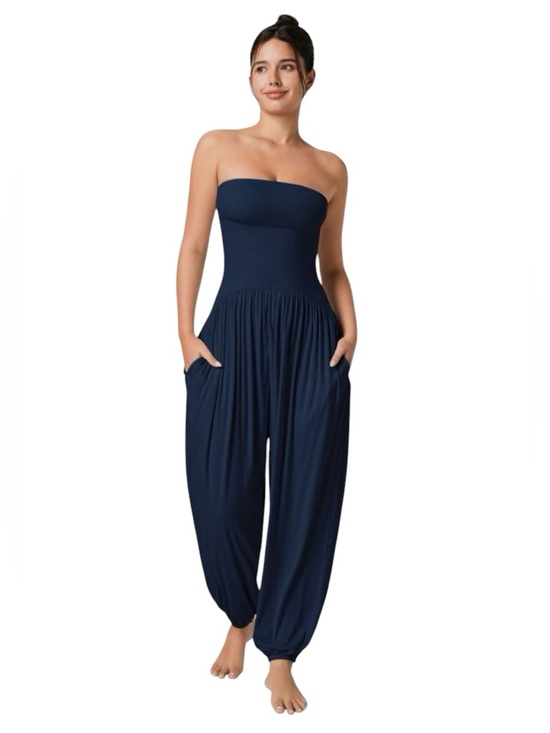 HALARA Pants - HALARA Strapless Navy Harem Jumpsuit with Pockets
